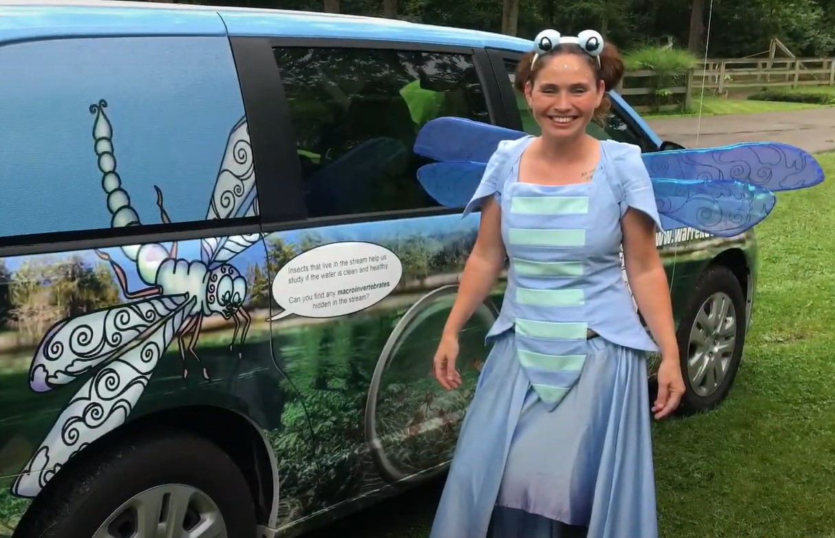woman wearing blue dress, wings, and antennae headband beside a van with a dragonfly painted on the side 