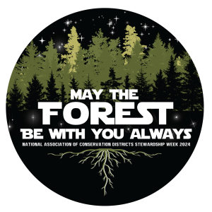 MAY THE FOREST BE WITH YOU ALWAYS logo. Font is Star Jedi with National Association of Conservation Districts written below the phrase. Circular with a starry night background and green, dark green and black layers of trees. Roots emerge through the bottom of lettering as tree roots in green and white with a stark contrast to the black "soil" background.